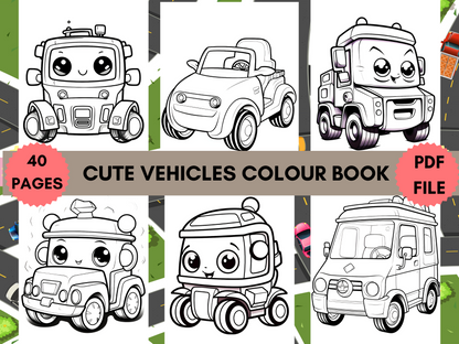 Cute Kawaii Vehicles Transportation Kids Coloring Book (40 Printable PDF Coloring Pages)