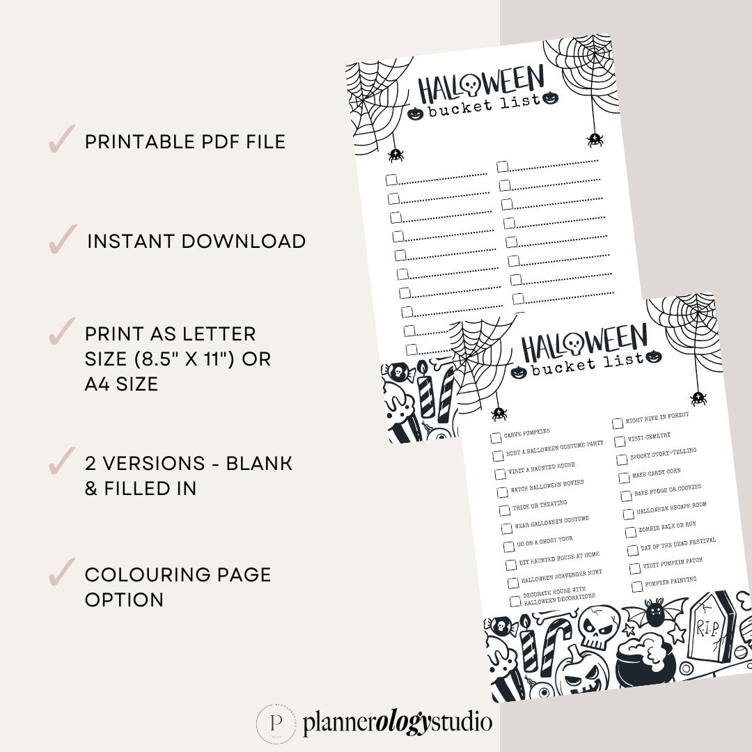 Halloween Bucket List Coloring Page Printable Checklist | Halloween Bucket To Do List Template | Halloween Activities Planner Insert | PDF