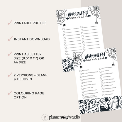 Halloween Bucket List Coloring Page Printable Checklist | Halloween Bucket To Do List Template | Halloween Activities Planner Insert | PDF