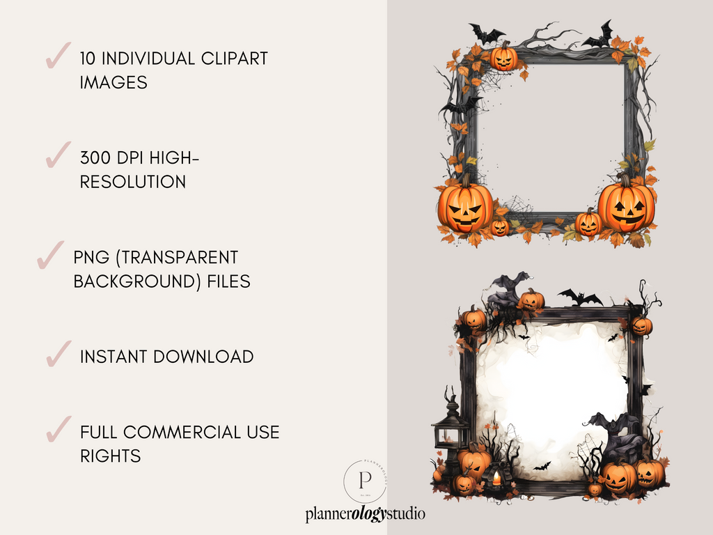 Halloween Frames Watercolor Clipart Images | 10 PNG 300 DPI Bundle | Digital Download | Full Commercial Use Allowed