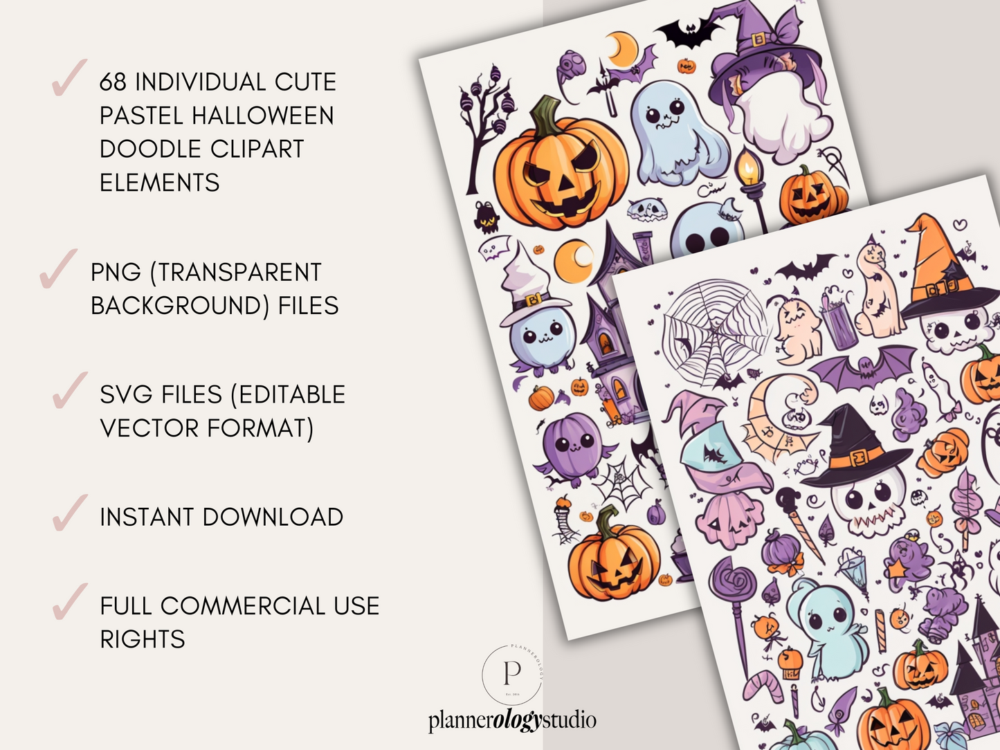 Cute Pastel Halloween Doodle Elements Clipart | 68 PNG & SVG Bundle | Digital Download | Full Commercial Use Allowed