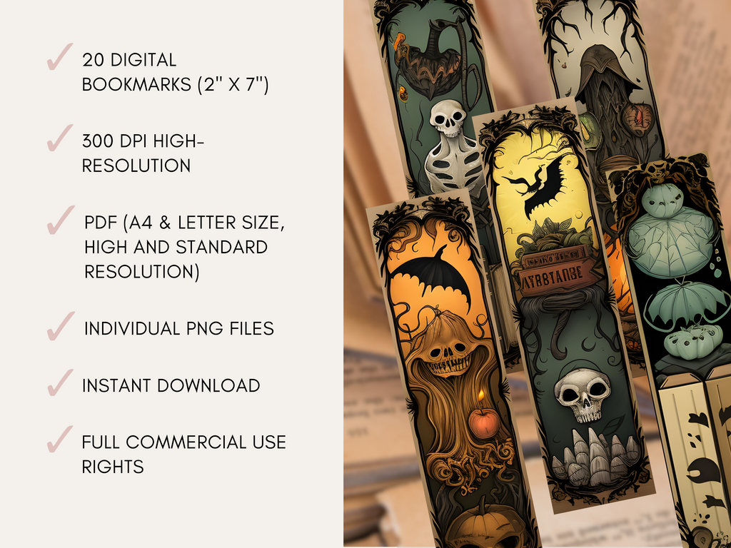 Halloween Printable Digital Bookmarks | 20 x PDF (A4 & Letter Size) | 20 x PNG Files | Full Commercial Use