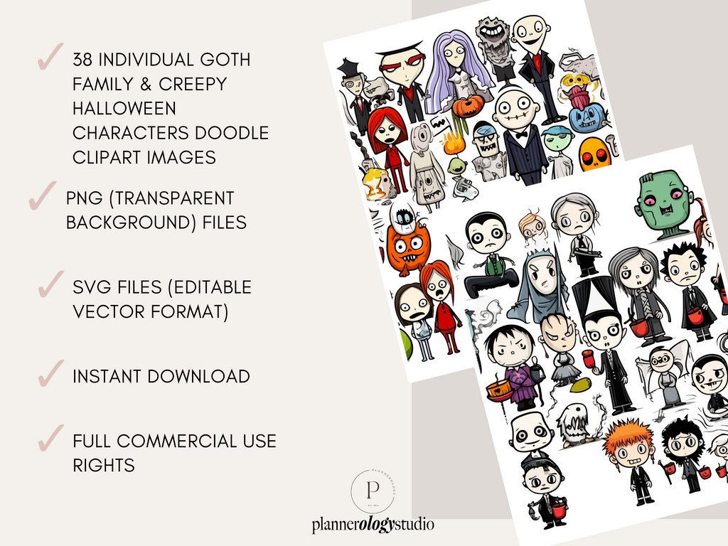 Halloween Goth Family Creepy Spooky Characters Doodles Clipart Images | 38 PNG & SVG Bundle | Digital Download | Full Commercial Use Allowed