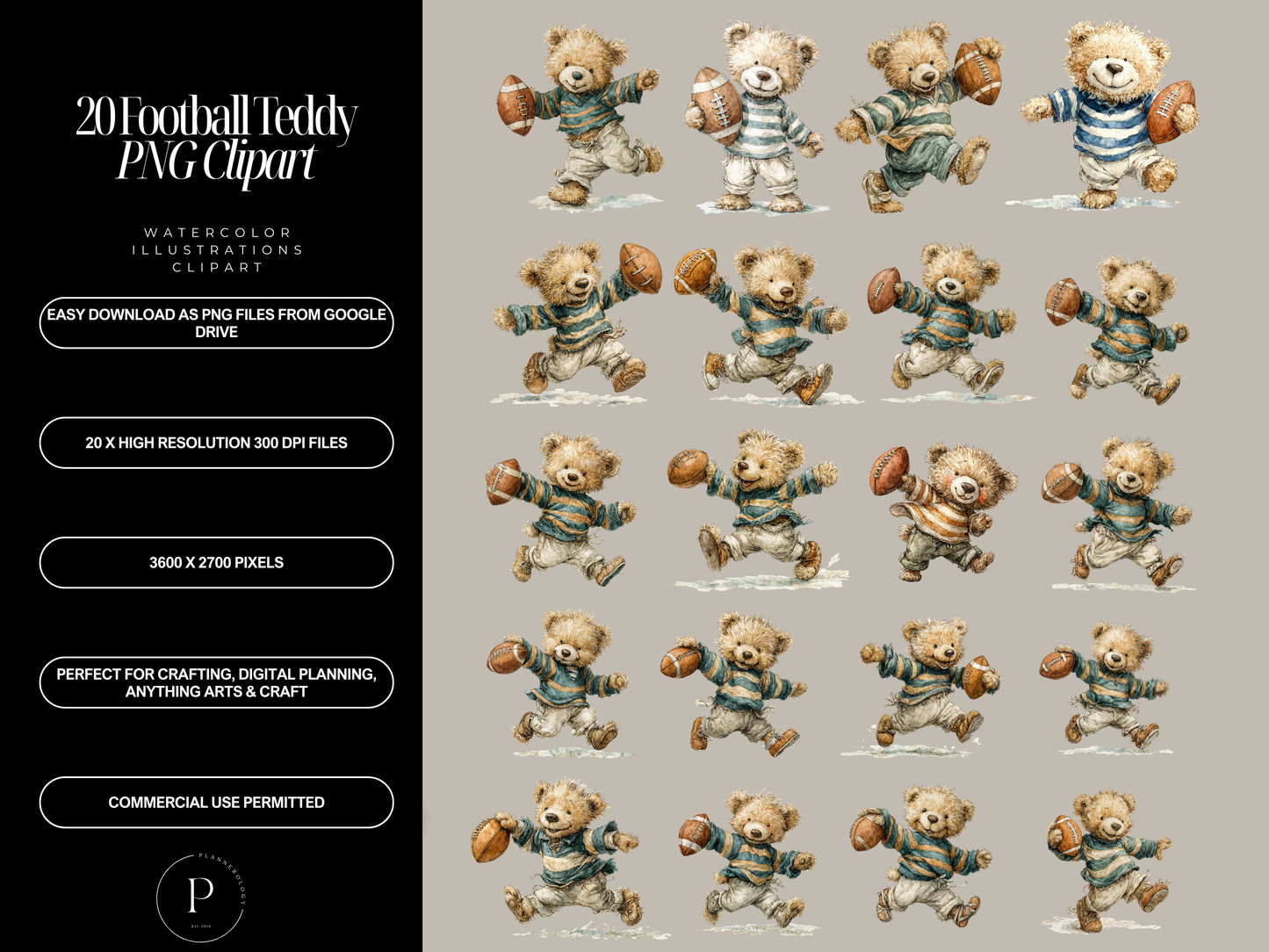 20 Football Teddy Bear Clipart PNG Bundle - Watercolor Sports Bears for Sublimation, Stickers, Invitations, Nursery Wall Art-Commercial Use