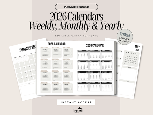 2026 Calendar Weekly Monthly Yearly Planner Diary | 77 Pages Editable Canva Template | Neutral Minimalist  | PLR + MRR