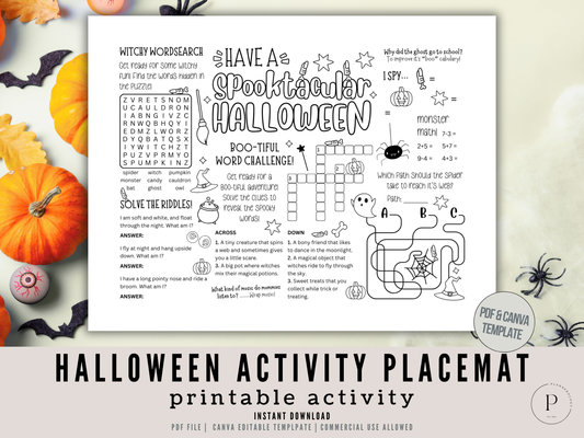 Halloween Coloring In Activity Placemat | Kids Coloring & Game Sheet | Printable PDF  and Editable Canva Template | Halloween Party Activity