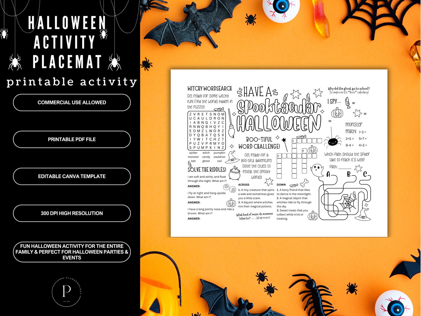 Halloween Coloring In Activity Placemat | Kids Coloring & Game Sheet | Printable PDF  and Editable Canva Template | Halloween Party Activity