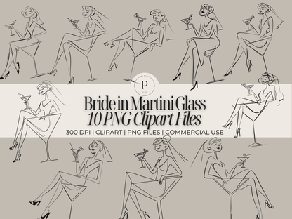 10 Bride in Martini Glass Clipart PNG Bundle - Hand-Drawn Bachelorette Wedding Party Graphics - Bridal Shower Art - Commercial Use