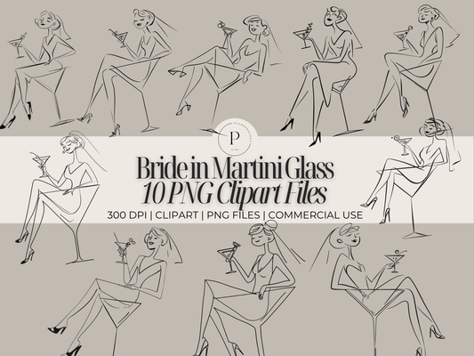 10 Bride in Martini Glass Clipart PNG Bundle - Hand-Drawn Bachelorette Wedding Party Graphics - Bridal Shower Art - Commercial Use