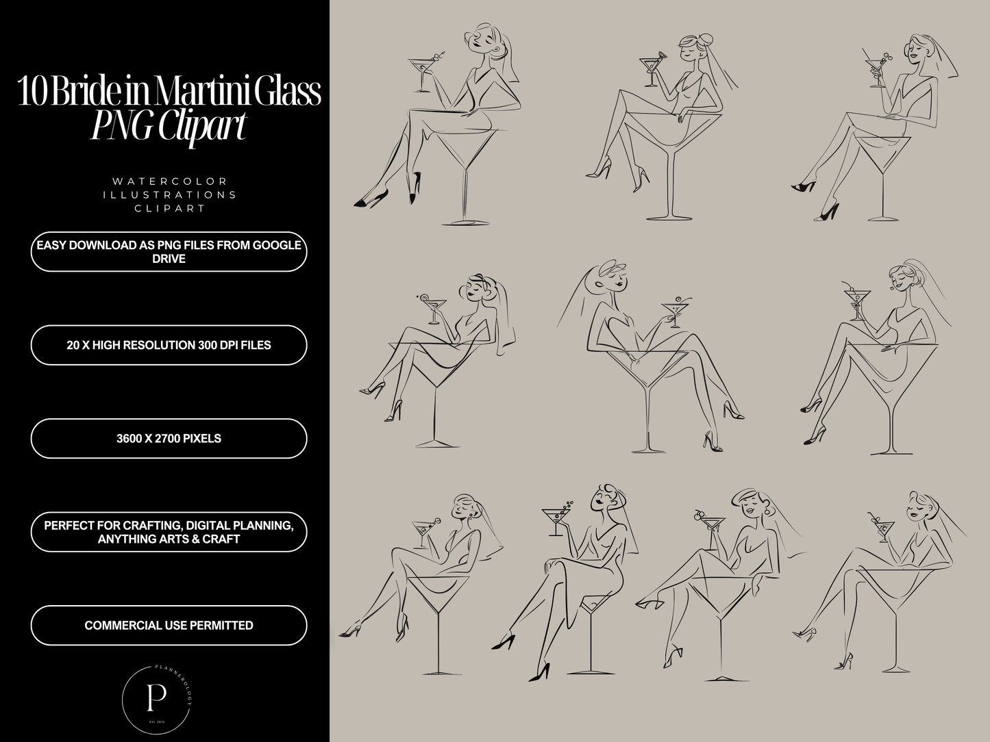 10 Bride in Martini Glass Clipart PNG Bundle - Hand-Drawn Bachelorette Wedding Party Graphics - Bridal Shower Art - Commercial Use