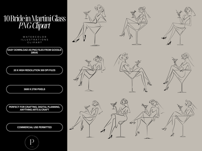 10 Bride in Martini Glass Clipart PNG Bundle - Hand-Drawn Bachelorette Wedding Party Graphics - Bridal Shower Art - Commercial Use