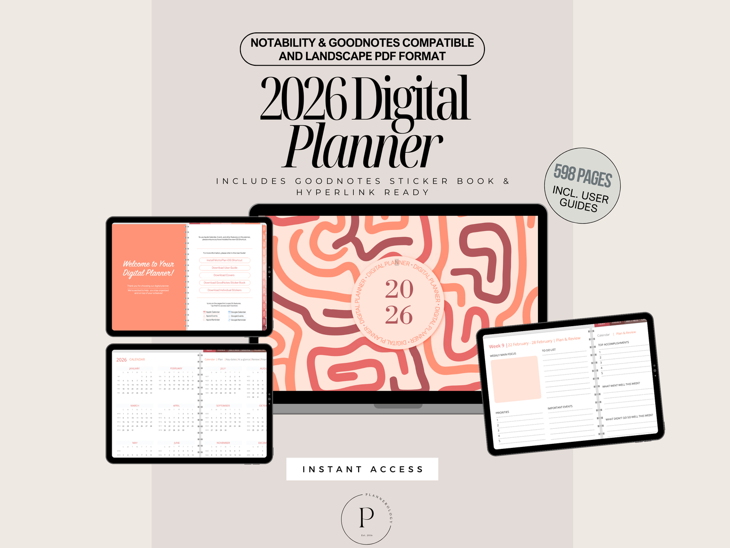 2026 Digital Planner PDF | 598 Page Hyperlinked Goodnotes & Notability Planner | Printable + Stickers + User Guide
