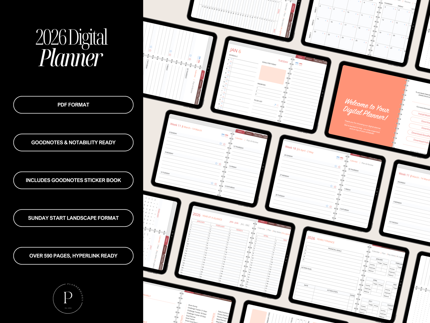 2026 Digital Planner PDF | 598 Page Hyperlinked Goodnotes & Notability Planner | Printable + Stickers + User Guide