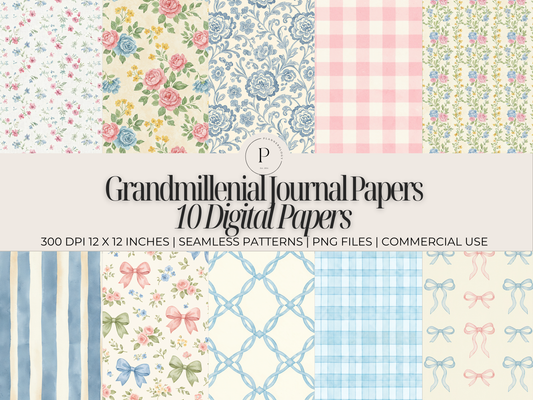 10 Grandmillennial Seamless Patterns Digital Paper Scrapbook Paper Bundle | Pastel Floral Journal Papers | Vintage Stripes Plaid| 300 DPI PNG Digital Paper - Plannerologystudio