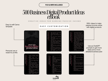 500+ Business Digital Product Ideas eBook | Editable Canva Template + PDF | ChatGPT-Ready Prompts | PLR + MRR Included