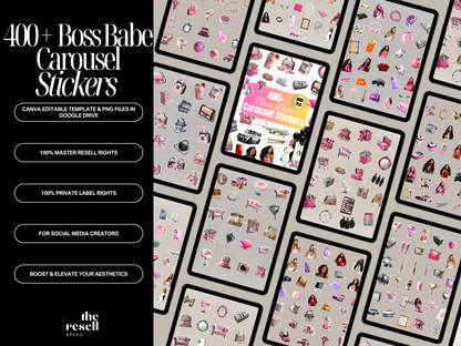 400+ Boss Babe Carousel Digital Stickers Canva Templates | Glam Rich Boss Babe Social Media PNGs | PLR MRR for Instagram Carousels & TikTok