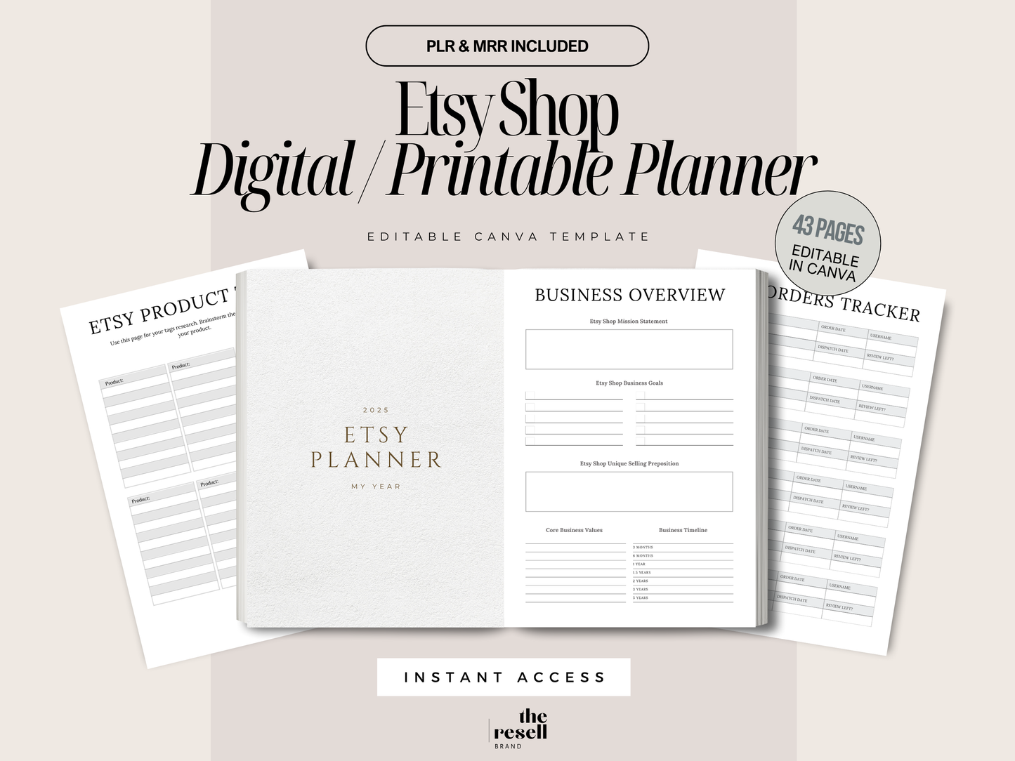 Etsy Shop Digital Printable Planner Canva Template | 43 Page Minimal Neutral Aesthetics PLR MRR | Digital Etsy Business Organizer for Sellers