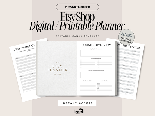 Etsy Shop Digital Printable Planner Canva Template | 43 Page Minimal Neutral Aesthetics PLR MRR | Digital Etsy Business Organizer for Sellers