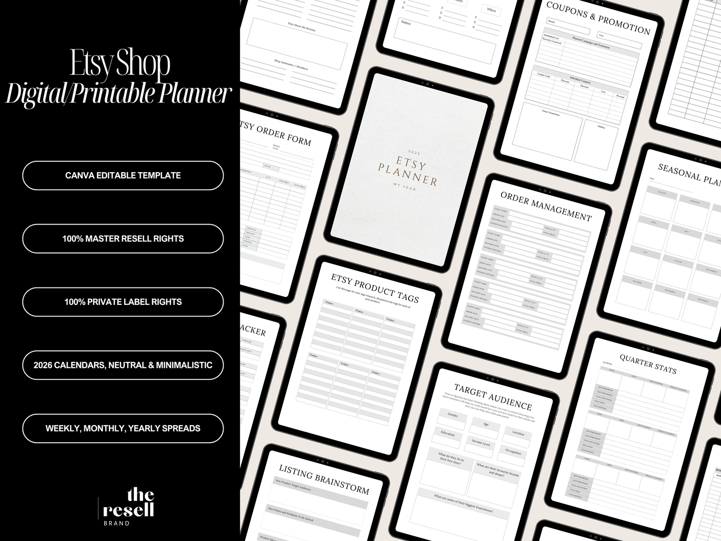 Etsy Shop Digital Printable Planner Canva Template | 43 Page Minimal Neutral Aesthetics PLR MRR | Digital Etsy Business Organizer for Sellers