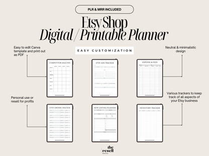 Etsy Shop Digital Printable Planner Canva Template | 43 Page Minimal Neutral Aesthetics PLR MRR | Digital Etsy Business Organizer for Sellers