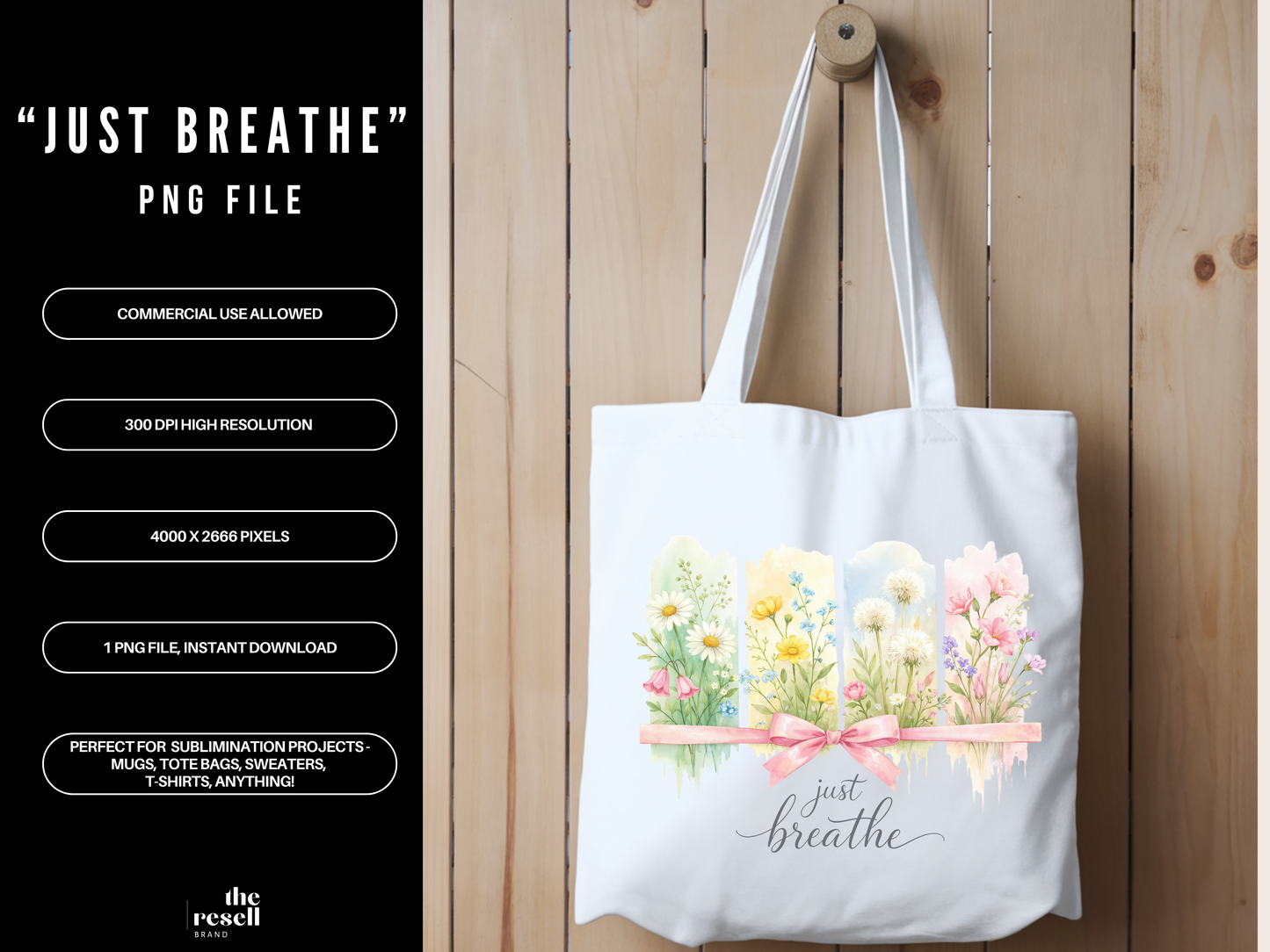 Just Breathe PNG Clipart | Floral Watercolor Self Care Design | Mental Health Quote Graphic for Shirts & Sublimation | POD Commercial Use