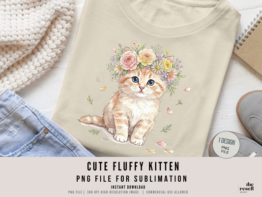 Cute Kitten PNG Floral Crown | Watercolor Cat Clipart | Cottagecore Animal Design for Sublimation & Apparel | POD Commercial Use