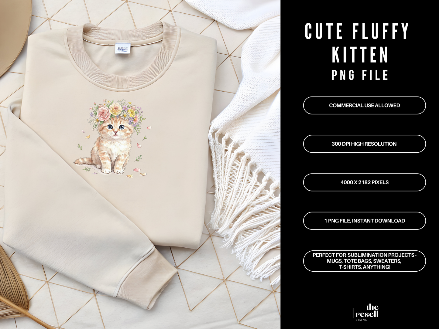 Cute Kitten PNG Floral Crown | Watercolor Cat Clipart | Cottagecore Animal Design for Sublimation & Apparel | POD Commercial Use