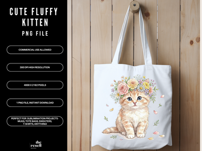 Cute Kitten PNG Floral Crown | Watercolor Cat Clipart | Cottagecore Animal Design for Sublimation & Apparel | POD Commercial Use