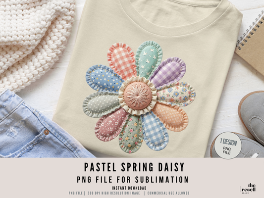 Spring Faux Patchwork Daisy PNG | Cottagecore Floral Clipart | Vintage Fabric Style Flower Design for Sublimation & Apparel | POD Commercial Use
