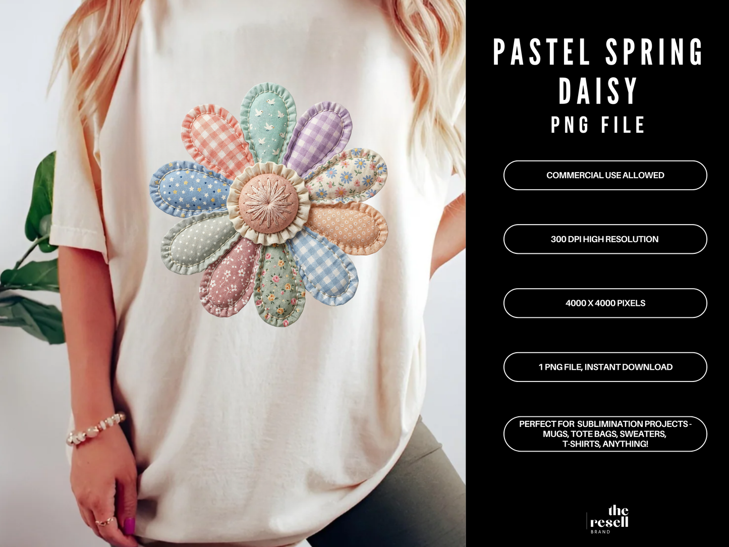 Spring Faux Patchwork Daisy PNG | Cottagecore Floral Clipart | Vintage Fabric Style Flower Design for Sublimation & Apparel | POD Commercial Use