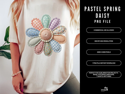 Spring Faux Patchwork Daisy PNG | Cottagecore Floral Clipart | Vintage Fabric Style Flower Design for Sublimation & Apparel | POD Commercial Use