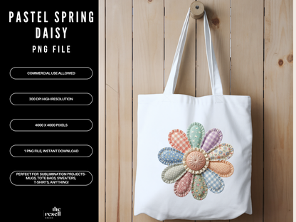 Spring Faux Patchwork Daisy PNG | Cottagecore Floral Clipart | Vintage Fabric Style Flower Design for Sublimation & Apparel | POD Commercial Use