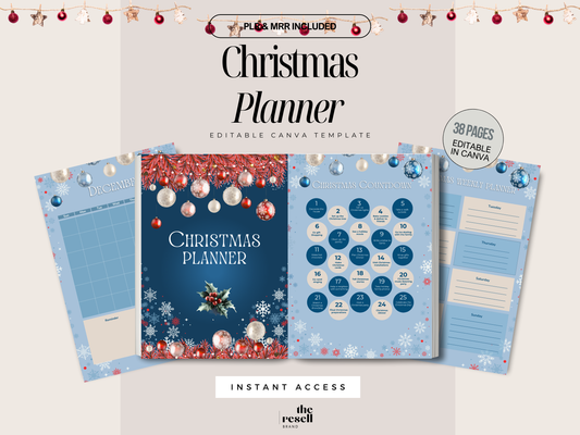 Christmas Holiday Planner Canva Template | 38 Page Holiday Festive Printable w/ Tags, Bingo, Games | PLR MRR Digital Organizer for Canva