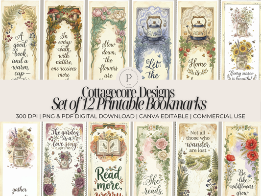 Cottagecore Printable Bookmarks Set of 12 – Vintage Floral 2"x7" Bookmark Bundle, PNG PDF Canva Editable Book Lover Gift | Commercial Use