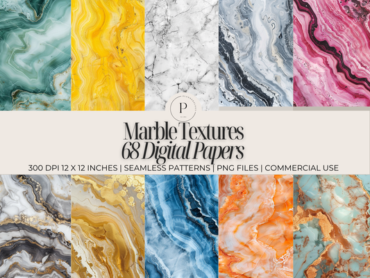 68 Marble Digital Papers Bundle – Seamless Marble Textures 12x12 PNG, Luxury Backgrounds, Commercial Use PLR MRR