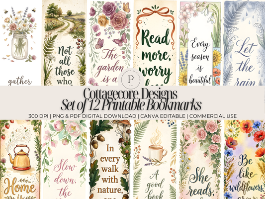 Cottagecore Printable Bookmarks Set of 12 – Vintage Floral 2"x7" Bookmark Bundle, PNG PDF Canva Editable Book Lover Gift | Commercial Use