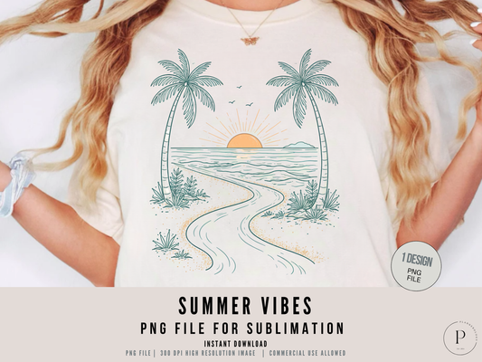 Vintage Summer Vibes PNG Clipart – Retro Beach Sunset Palm Tree Design for T-Shirts, Sublimation & Print on Demand, POD Commercial Use