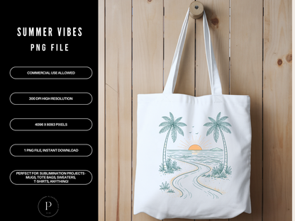 Vintage Summer Vibes PNG Clipart – Retro Beach Sunset Palm Tree Design for T-Shirts, Sublimation & Print on Demand, POD Commercial Use