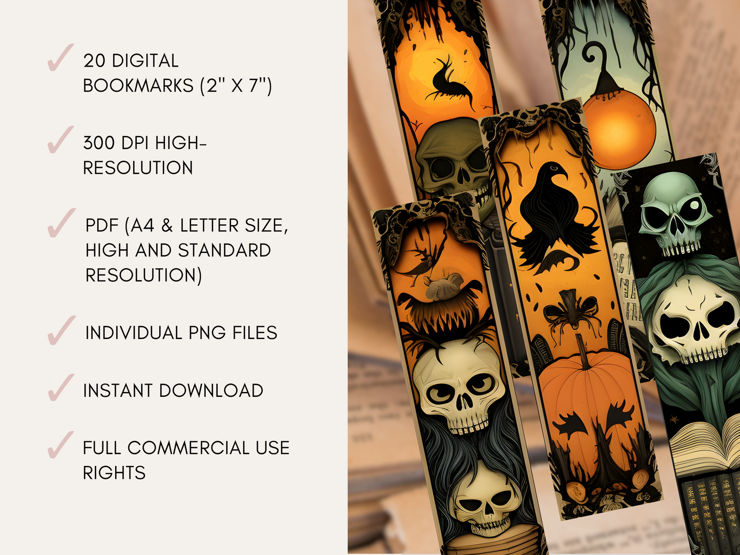 Halloween Printable Digital Bookmarks | 20 x PDF (A4 & Letter Size) | 20 x PNG Files | Full Commercial Use