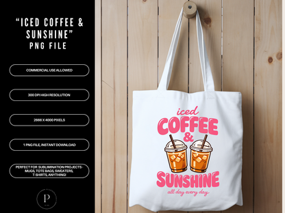 Iced Coffee and Sunshine PNG Clipart – Cute Summer Coffee Design for T-Shirts, Tote Bags & Sublimation, POD Commercial Use