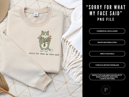 Sorry For What My Face Said PNG | Funny Cat Sublimation Design Download | POD Commercial Use