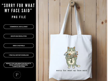 Sorry For What My Face Said PNG | Funny Cat Sublimation Design Download | POD Commercial Use