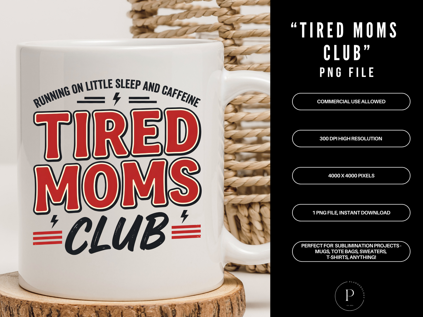 Tired Moms Club PNG – Funny Mom Life Shirt Design, Running on Caffeine Graphic, Exhausted Mom Sublimation Download, POD Commercial Use