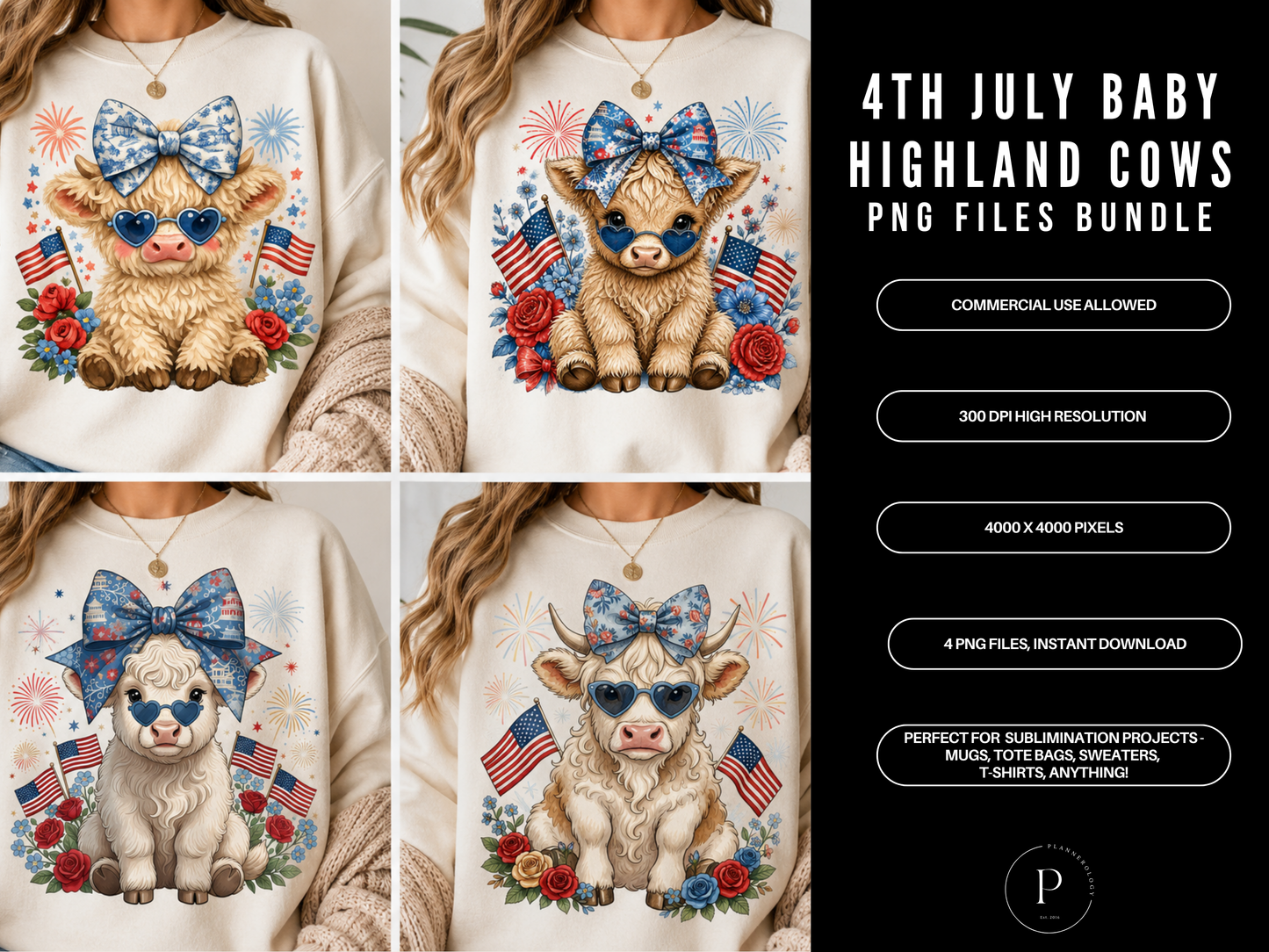 4th of July Highland Cow PNG Bundle – 4 Patriotic Sublimation Designs