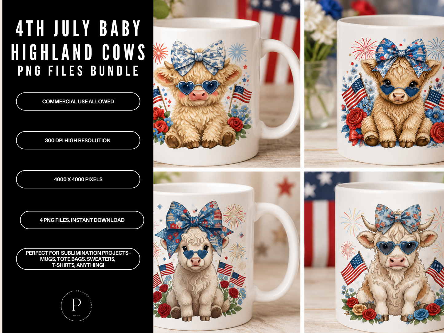 4th of July Highland Cow PNG Bundle – 4 Patriotic Sublimation Designs