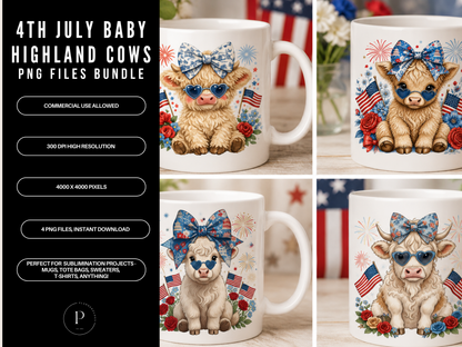4th of July Highland Cow PNG Bundle – 4 Patriotic Sublimation Designs