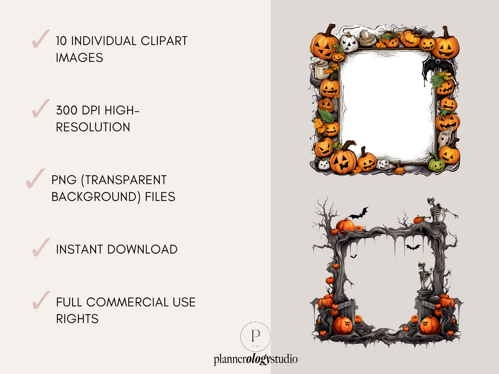 Halloween Frames Watercolor Clipart Images | 10 PNG 300 DPI Bundle | Digital Download | Full Commercial Use Allowed