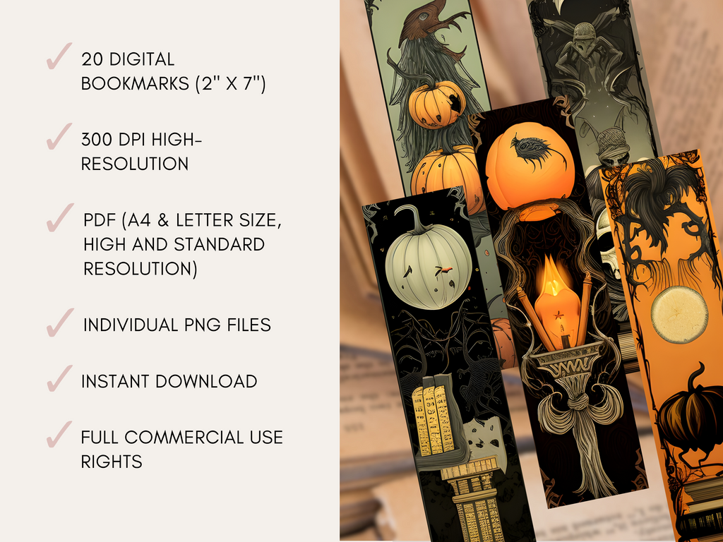 Halloween Printable Digital Bookmarks | 20 x PDF (A4 & Letter Size) | 20 x PNG Files | Full Commercial Use