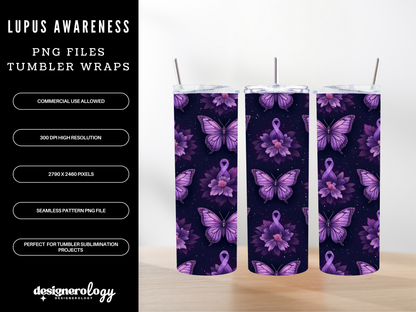 Lupus Awareness Tumbler Wrap PNG | Purple Ribbon Sublimation Design | 4 Variations (inc 3 Bonus Freebies) | Commercial Use