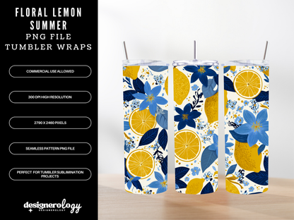 Floral Lemon Summer 20 oz Tumbler Wrap PNG | Seamless Sublimation Design | Bright Citrus Flowers | High-Res | Commercial Use